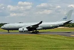 Early AirTanker Royal Air Force Voyager landing at RAF Fairford in 2011, still displaying its Airbus Military registration MRTT016.  Subsequently registered G-VYGE, currently registered ZZ334.