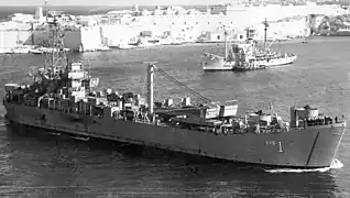 USS Alameda County (AVB-1) entering the Grand Harbour at Valletta, Malta in 1960