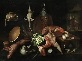 Carved meat, eggs, and utensils.Kitchen Still Life by Alejandro de Loarte; c. 1626, 82 × 108 cm, private collection.