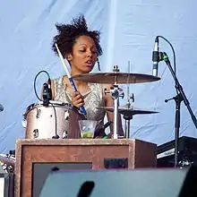 Warrington performing with Kate Nash at Lollapalooza 2014