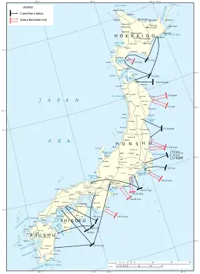 Color map of the Japanese home islands marked with the locations of the Allied fleet when it made the attacks described in the article