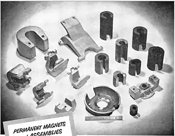 Assortment of AlNiCo horseshoe magnet shapes available from a manufacturer in 1956.