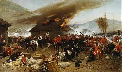 Burning hut in the background; red-jacketed soldiers fighting in the foreground