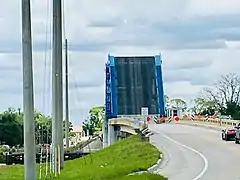 Alva Bridge open for vessel traffic as seen from Broadway on the south side