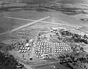 Overhead view of airfield with two criss-crossed runways