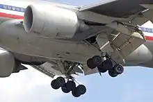 Aircraft belly section. Close view of engines, extended landing gear and angled control flaps.