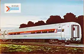 Postcard view of a stainless steel passenger rail car with red and blue stripes horizontally across the windows