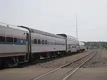 Three of Amtrak's business cars on the back of the Blue Water in 2011: the Pacific Cape, Ocean View, and Beech Grove.