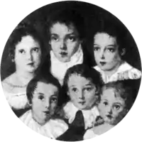 Miniature group portrait depicting six children in formal dress