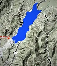 The outline of ancient Pleistocene Lake Carbonera superimposed on a contemporary map of Scotts Valley, Ca.