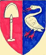 Coat of arms Graeff (ancient). The family coat of arms with the silver spade on a red (Von Graben) and silver swan on a blue background (De Grebber) was first documented in 1543 by Jan Pietersz Graeff.