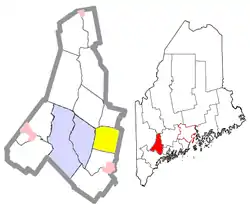 Location of Sabattus (in yellow) in Androscoggin County and the state of Maine