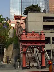 Angels Flight in May 2004 after the accident; the cars have been placed in storage