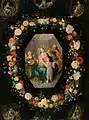 Frans Francken the Younger, Studio of Jan Brueghel the Younger and Anna Maria Janssens(?),Garland of flowers around a medaillon with the Holy Family and a music making angel