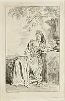 Watteau, Seated Woman, Leaning on a Pedestal, c. 1709–1710, etching, plate from Figures de mode, Art Institute, Chicago