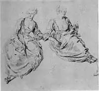 Watteau, Studies of a Seated Woman, c. 1712, sanguine, whereabouts unknown