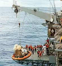 Apollo 13 hoisted onto ship (NASA)