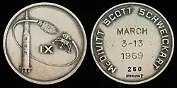  Apollo 9 mission emblem (front). Crew names, flight dates, and serial number 260 (back)