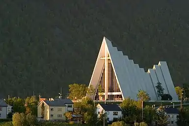 Tromsdalen church "Arctic Cathedral", lightweight concrete, aluminium panels (1965)