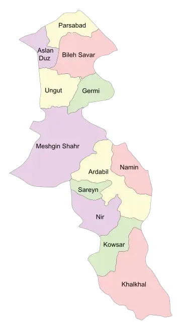 Location of Nir County in Ardabil province (bottom, purple)