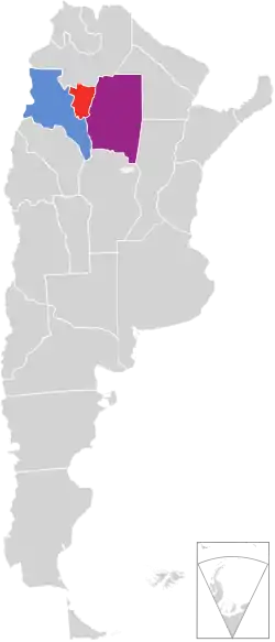 Argentina showing the three provinces that formed the republic: Santiago del Estero (east), Tucumán (center) and Catamarca (west)