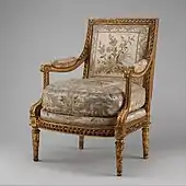 Louis XVI armchair (Fauteuil à la reine); 1780–1785; carved and gilded walnut, and embroidered silk satin; height: 102.2 cm, width: 74.9 cm, depth: 77.8 cm; Metropolitan Museum of Art