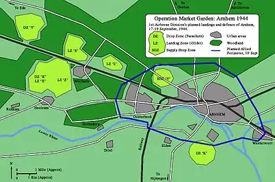 Map with woods, urban areas and landing grounds displayed