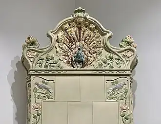 Art Nouveau acroterion of a stove in the Mița the Cyclist House (Strada Biserica Amzei no. 9), Bucharest, possibly designed by Nicolae C. Mihăescu, 1908