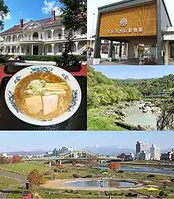 Top: Asahikawa Museum of Sculpture, Asahiyama Animal ParkMiddle: Asahikawa Ramen noodle, Kamuy KotanBottom: Panoramic view of Asahi Bridge and Taisetsu Mountain Range, (all item of left to right)