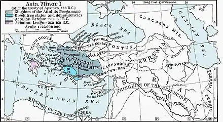 Pergamon's expansion after Roman victory in the Roman–Seleucid War.  Rome was eager to weaken the Seleucids by awarding territory to the weaker and Roman-allied Pergamon.