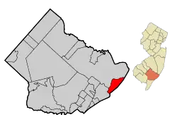 Location of Brigantine in Atlantic County highlighted in red (left). Inset map: Location of Atlantic County in New Jersey highlighted in orange (right).