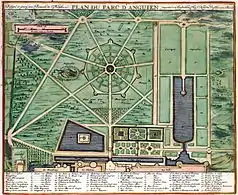 Plan of the Enghien Gardens. The star shape has been preserved, but not the pentagon around it.