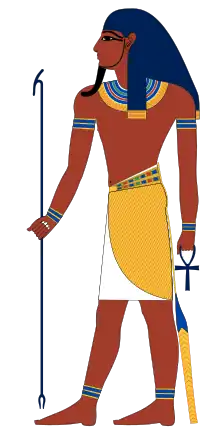  Atum is shown as a man with a was-scepter to show his power, and an Ankh to symbolize his association to life. He is only later and rarely shown with a Double Crown.