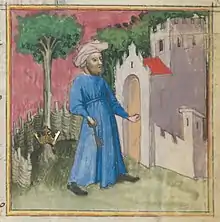 Ibn Umayl was depicted in later European books. In Aurora consurgens, c.1400, Here Senior Zadith carries the Key that opens The Treasure House of Wisdom.