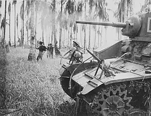 An armoured vehicle and infantrymen advance through thick grass and palm trees