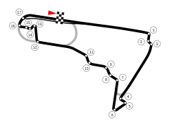 An image of the redesigned layout of the Autódromo Hermanos Rodríguez, which was introduced in 2015, and runs clockwise with seventeen corners.