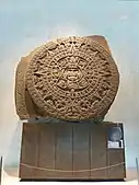 Aztec calendar stone; 1502–1521; basalt; diameter: 3.58 m (11.7 ft); thick: 98 cm (39 in); discovered on 17 December 1790 during repairs on the Mexico City Cathedral; National Museum of Anthropology (Mexico City)