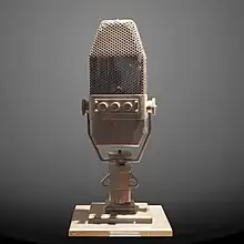 Black-and-white photo of rectangular microphone