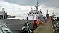 A front view of the BRP Malabrigo while docked in port.