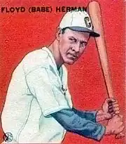 A baseball-card image of a man wearing a white baseball uniform and holding a baseball bat