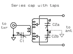 Balanced transmatch - series capacitors with tapped secondary.