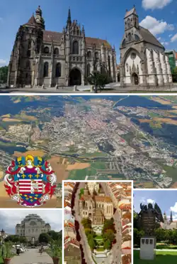 Top: Cathedral of St. Elizabeth and St Michael ChapelCenter: General Aerial ViewBottom (left to right): State Theater; Center of Hlavná street; Coat of Arms StatueSuperimposed: Coat of Arms