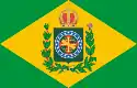 Flag adopted in 1870 displaying 20 stars representing the country's provinces. Another star was added in 1870. The flag consists of a green field with a golden rhombus and the lesser arms of imperial Brazil.