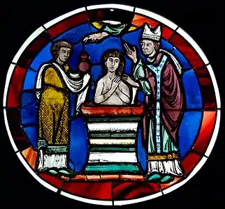 Detail of baptism scene of stained glass from Sainte-Chapelle now in Cluny Museum (1238–48)