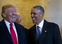 Photographic portrait of Donald Trump (left) and Barack Obama (right)