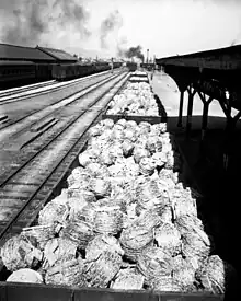 train cars full of bound wire lined up on a railroad