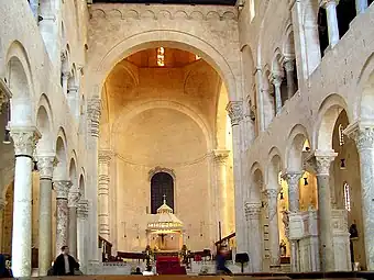 Bari Cathedral, showing shallow apse, domed crossing, Corinthianesque columns and maetreum gallery