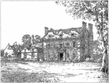 Black and white sketch of a manor house with a single storey section to the left and a tree to the right.