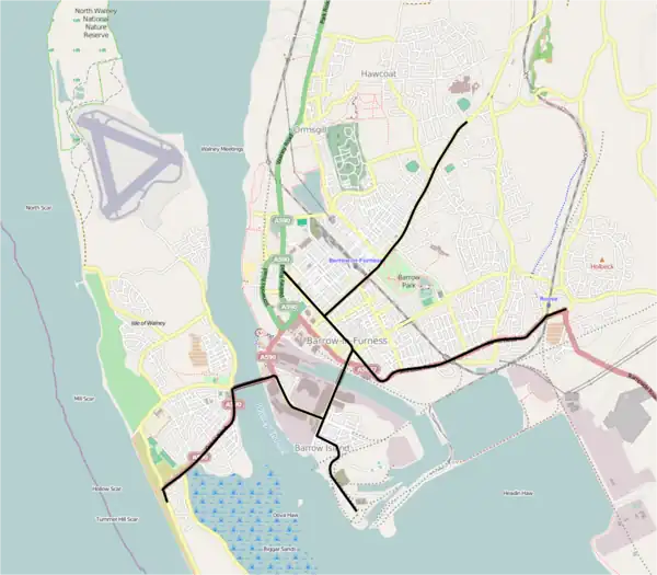 Contemporary map of Barrow showing all former tram lines in black.