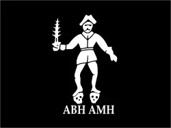 Roberts' new flag showed him holding a flaming sword and standing on two skulls, representing "a Barbadian's head" (ABH) and "a Martinican's head" (AMH) - two islands against whom he held a grudge.